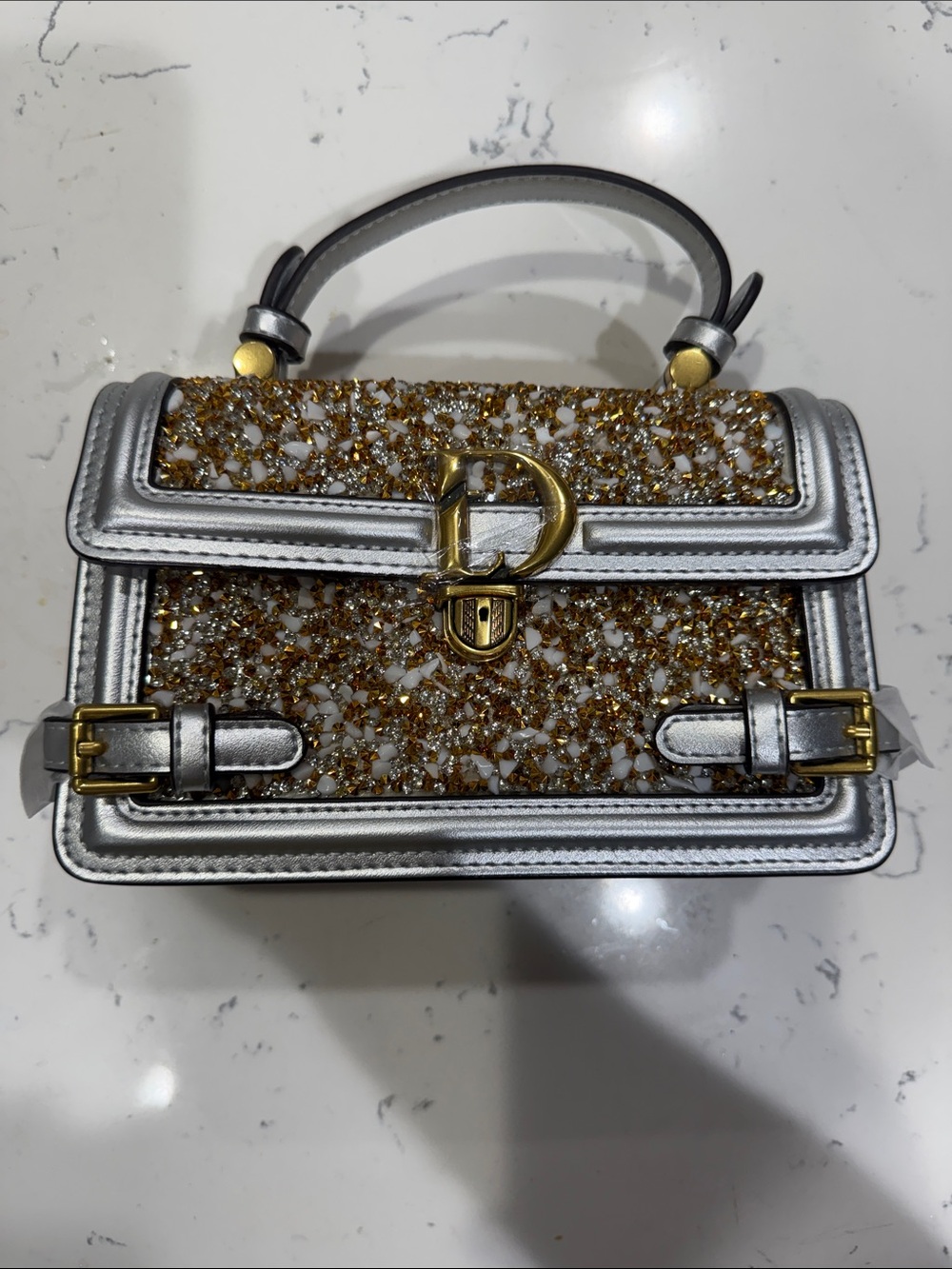 Louis Daisy Metallic Silver Top-Handle Purse with Gold Glitter NEW